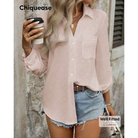 Chiquease Casual Solid Color Pocket Button-Up Collared Long Sleeve Minimalist Sh - Picture 6 of 9